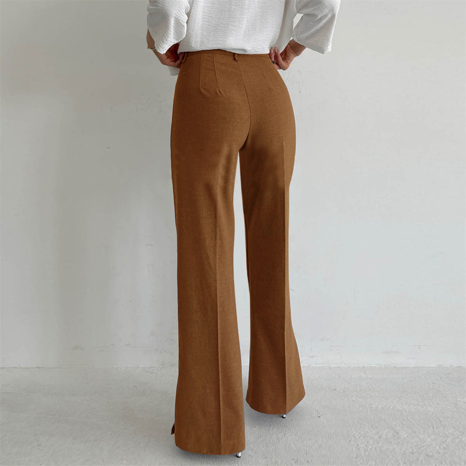 thumbnail image 3 of Pantalones holgados informales para mujer: pantalones rectos con abertura, cintura elástica, tallas S-L, 3 of 8